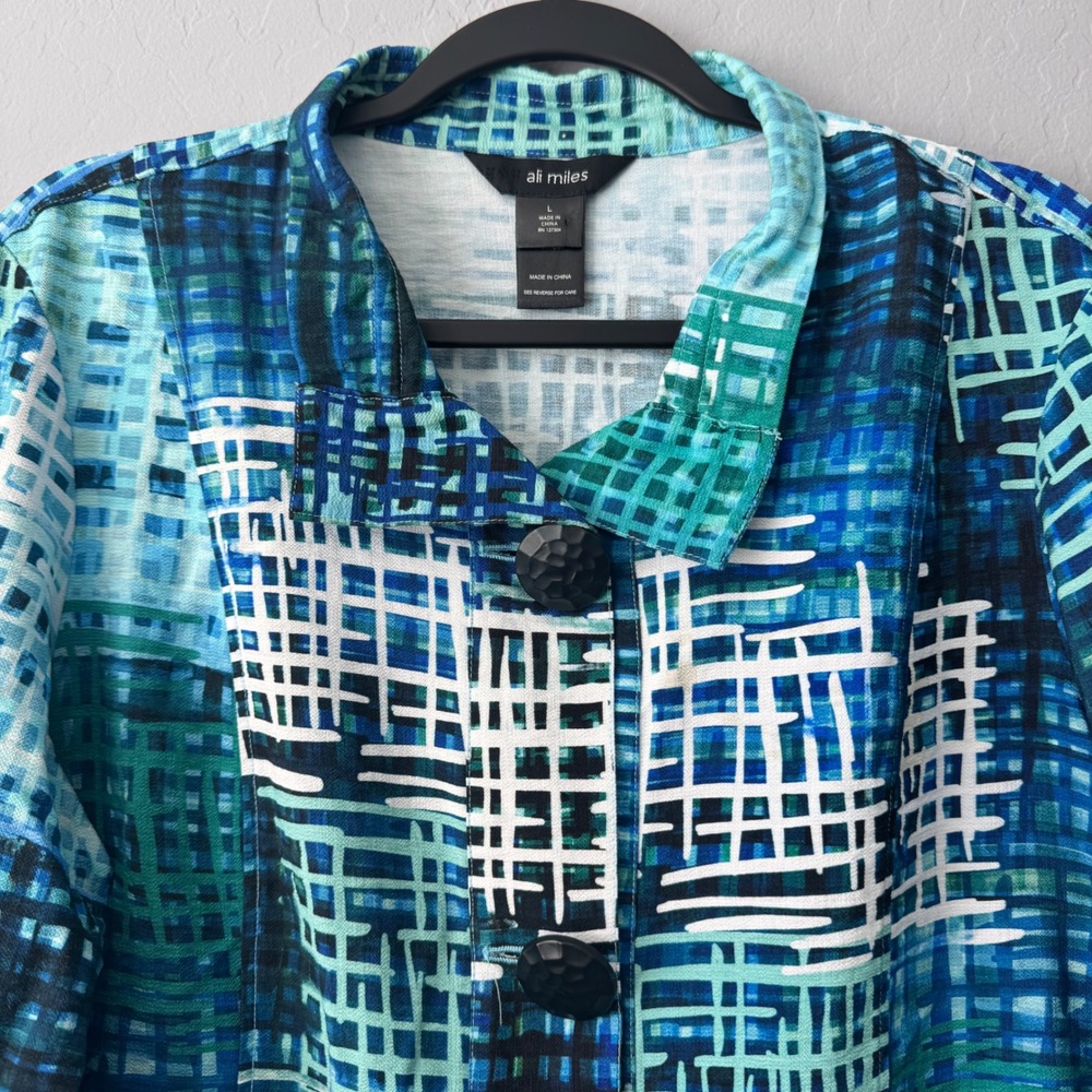 Ali Miles Large Jacket Blue 3/4 Sleeve Abstract Grid Button Front Textured Artsy - Picture 2 of 6